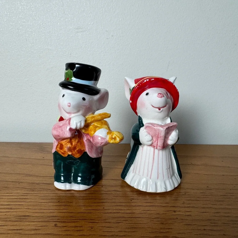 Ceramic Mouse Couple Figurine Violinist Singer Christmas Carolers Candle Holders